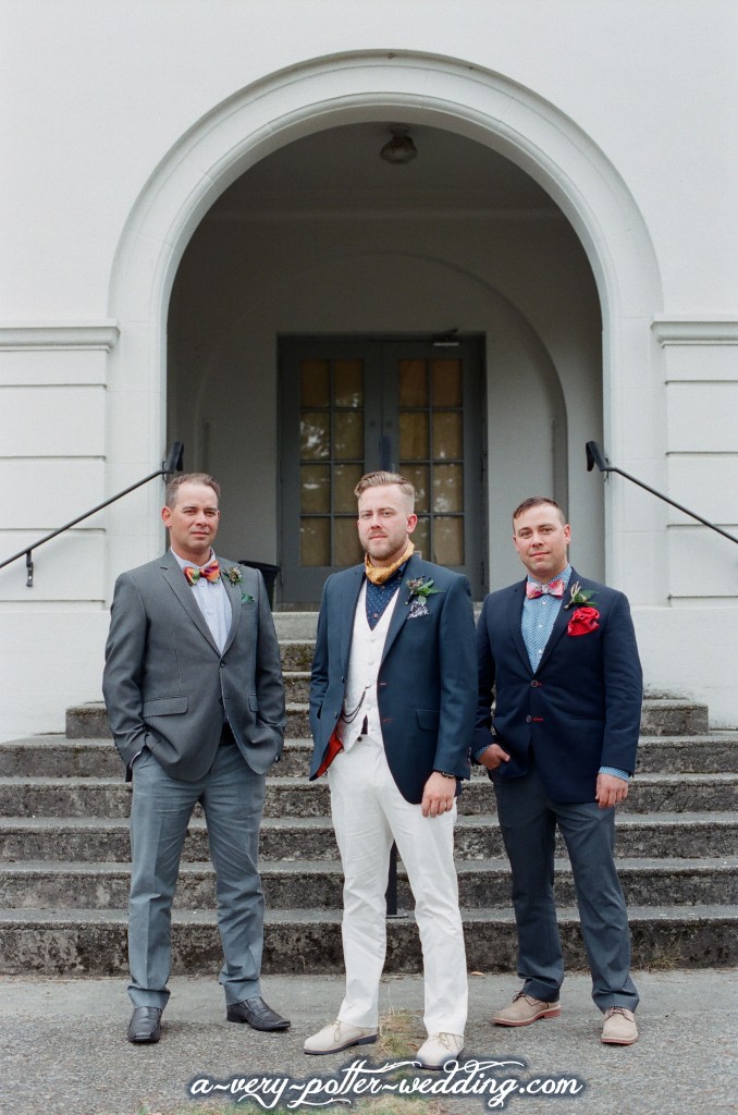 Groom and groomsmen in chic magical menswear