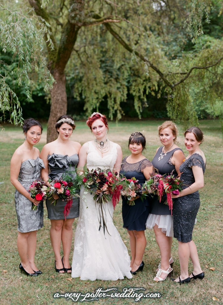 Grey muted bridesmaids dresses for Harry Potter magical wedding
